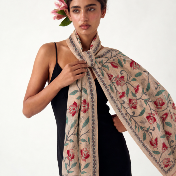 Karabi Kantha Embroidered Stole | Handcrafted Tussar Silk Floral Dupatta by Kalkatte Vaali