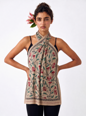 Karabi Kantha Embroidered Stole | Handcrafted Tussar Silk Floral Dupatta by Kalkatte Vaali