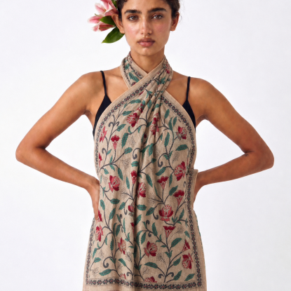 Karabi Kantha Embroidered Stole | Handcrafted Tussar Silk Floral Dupatta by Kalkatte Vaali