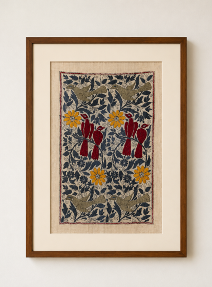 Basanta Pakhi- Kantha Embroidered Wall Art on Handwoven Tussar Silk | 21" x 13"