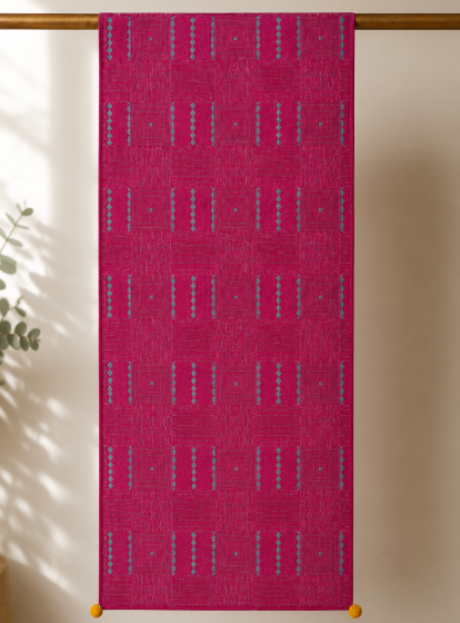 Handcrafted Geometric Kantha Embroidered Cotton Table Runner – Magenta | 73" x 18.5"