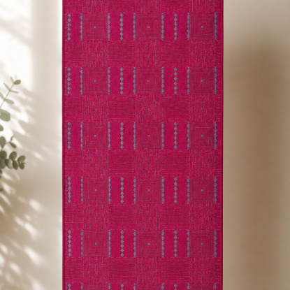 Handcrafted Geometric Kantha Embroidered Cotton Table Runner – Magenta | 73" x 18.5"