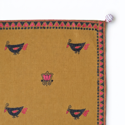 Mustard Kantha Table Runner | Handmade Bird & Lotus Embroidered Table Linen