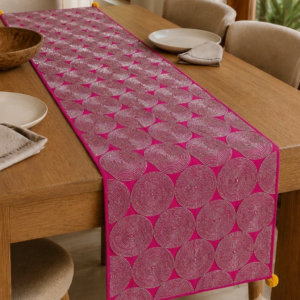 Handcrafted Kantha Embroidered Concentric Circle Cotton Table Runner – Magenta | 73" x 18.5"