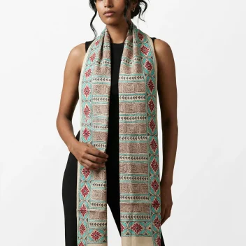 Squares & floral pattern- Kantha silk stole - New