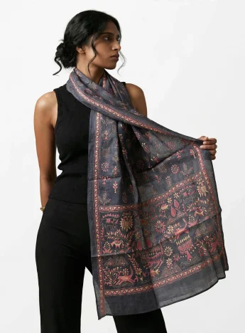 Rustic Synergy- Kantha silk stole- Charcoal Black
