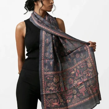 Rustic Synergy- Kantha silk stole- Charcoal Black