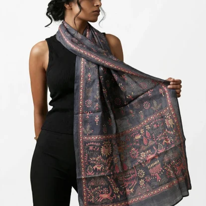 Rustic Synergy- Kantha silk stole- Charcoal Black