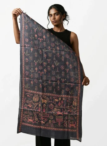 Rustic Synergy- Kantha silk stole- Charcoal Black