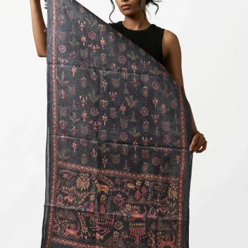 Rustic Synergy- Kantha silk stole- Charcoal Black
