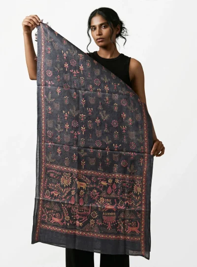 Rustic Synergy- Kantha silk stole- Charcoal Black