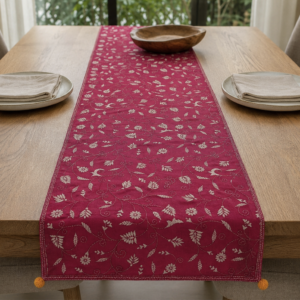 Handcrafted Kantha Embroidered Floral Vine Cotton Table Runner – Magenta | 73" x 18.5"