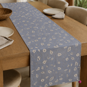Handcrafted Kantha Embroidered Floral Vine Cotton Table Runner – Slate Blue | 73" x 18.5"