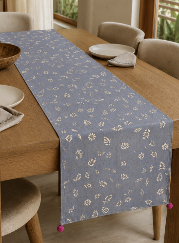 Handcrafted Kantha Embroidered Floral Vine Cotton Table Runner – Slate Blue | 73" x 18.5"