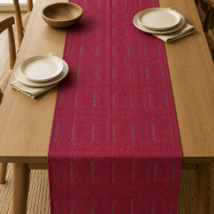 Handcrafted Geometric Kantha Embroidered Cotton Table Runner – Magenta | 73" x 18.5"