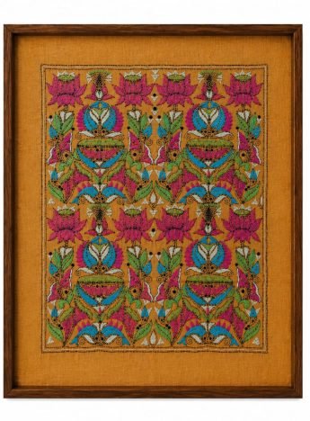 Lotus & fish- Kantha embroidered wall art- 18.5" x13" Ochre