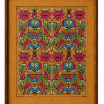 Lotus & fish- Kantha embroidered wall art- 18.5" x13" Ochre