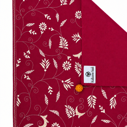 Handcrafted Kantha Embroidered Floral Vine Cotton Table Runner – Magenta | 73" x 18.5"