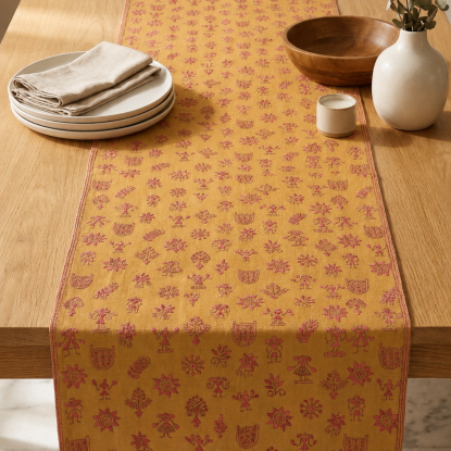 Handcrafted Kantha Embroidered Table Runner | Folk Art Cotton Runner