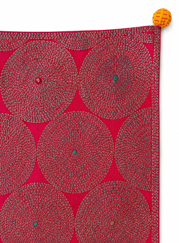 Handcrafted Kantha Embroidered Concentric Circle Cotton Table Runner – Magenta | 73" x 18.5"