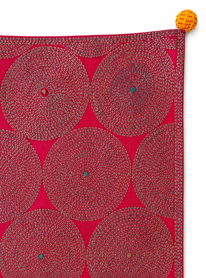 Handcrafted Kantha Embroidered Concentric Circle Cotton Table Runner – Magenta | 73" x 18.5"