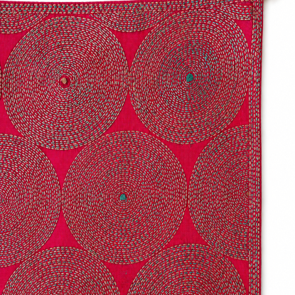 Handcrafted Kantha Embroidered Concentric Circle Cotton Table Runner – Magenta | 73" x 18.5"