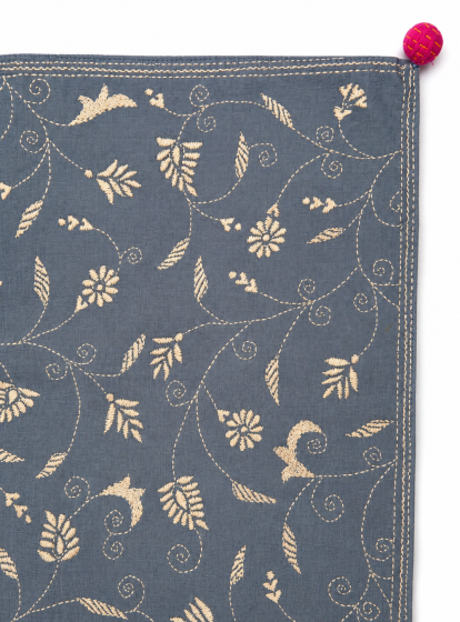Handcrafted Kantha Embroidered Floral Vine Cotton Table Runner – Slate Blue | 73" x 18.5"