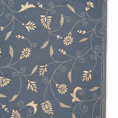 Handcrafted Kantha Embroidered Floral Vine Cotton Table Runner – Slate Blue | 73" x 18.5"