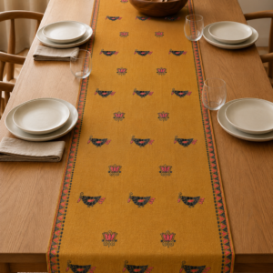 Mustard Kantha Table Runner | Handmade Bird & Lotus Embroidered Table Linen