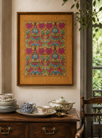 Lotus & fish- Kantha embroidered wall art- 18.5" x13" Ochre