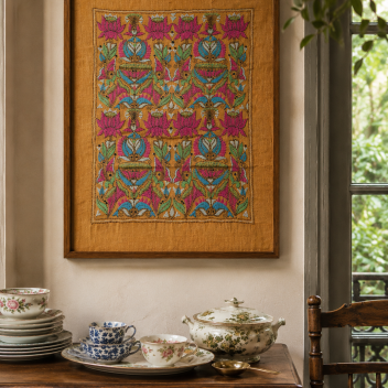 Lotus & fish- Kantha embroidered wall art- 18.5" x13" Ochre