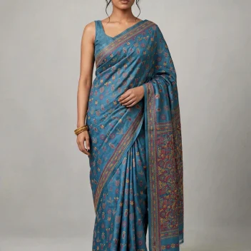 Neela | Handwoven Tussar Silk Kantha Embroidered Saree | Artisan Handmade Bengal Saree