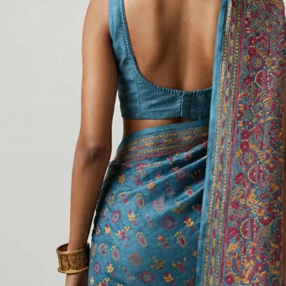 Neela | Handwoven Tussar Silk Kantha Embroidered Saree | Artisan Handmade Bengal Saree