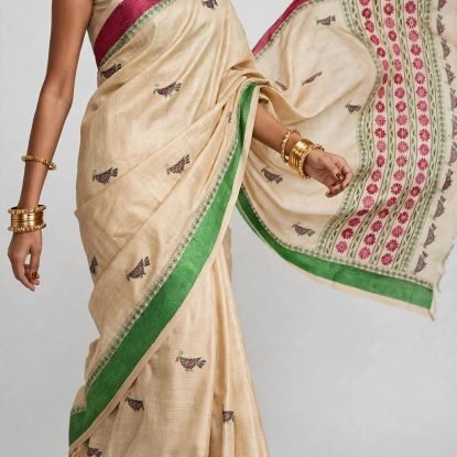 Navya – Handwoven Pure Tussar Silk Kantha Embroidered Saree