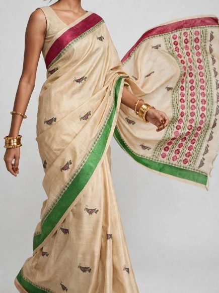 Navya – Handwoven Pure Tussar Silk Kantha Embroidered Saree