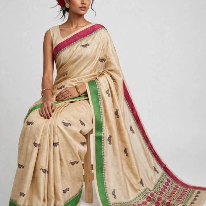 Navya – Handwoven Pure Tussar Silk Kantha Embroidered Saree