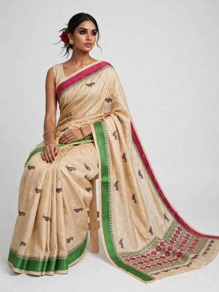 Navya – Handwoven Pure Tussar Silk Kantha Embroidered Saree