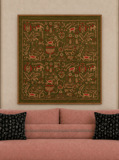 Aranya Lok"- Kantha embroidered wall art 40"