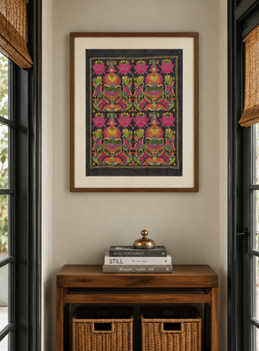 Jalapadma – Lotus & Fish Kantha Embroidered Wall Art on Handwoven Tussar Silk