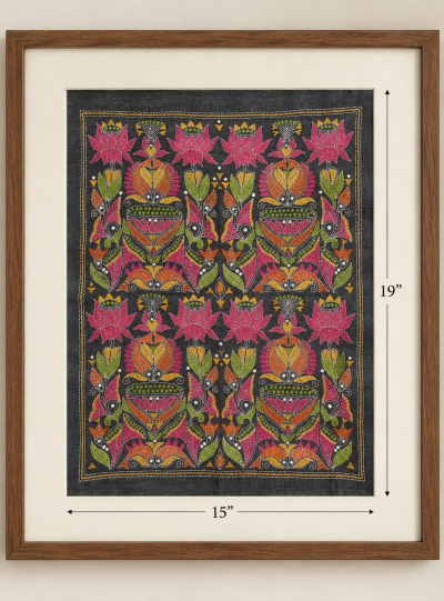 Jalapadma – Lotus & Fish Kantha Embroidered Wall Art on Handwoven Tussar Silk
