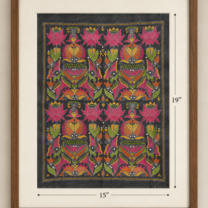 Jalapadma – Lotus & Fish Kantha Embroidered Wall Art on Handwoven Tussar Silk