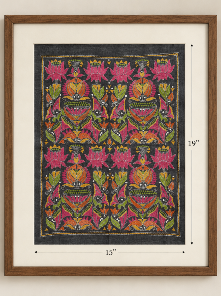 Jalapadma – Lotus & Fish Kantha Embroidered Wall Art on Handwoven Tussar Silk